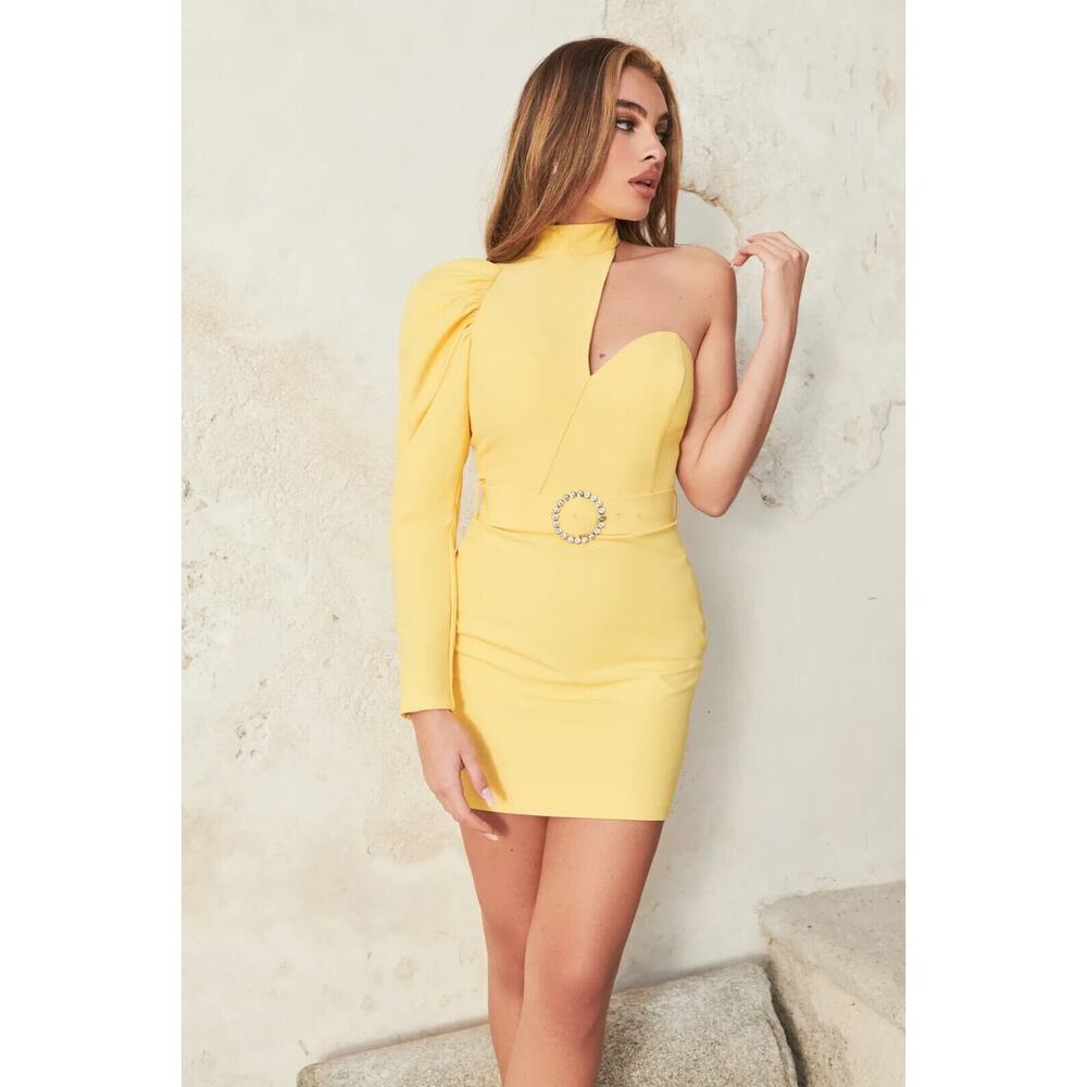Lavish Alice NWT One-Shoulder High Neck Long Sleeve Minidress Yellow Size 4